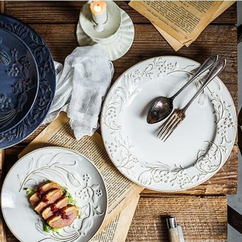 Nordic Handmade Relief ceramic dinnerware plates Creative tableware round solidcolor dessert dish salad bowl BEEF plate