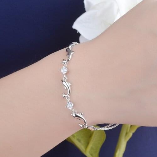 925 Sterling Silver Crystal Dolphin Pendant Charm Korean Bracelet &Bangle Handmade Wedding Jewelry For Women SL089