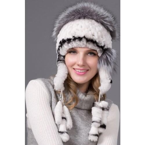 2019 Hot Sale 100% Natural Silver Fox Fur Women Winter Hat Knitted Cap Women Hat Fox Fur Bomber Hat Female Ear Warm Winter Must