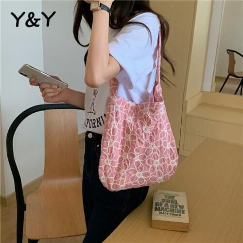 Y&Y Bag Girl 3D Embroidered Flower Canvas Bag French Girl Shoulder Under Cotton Bag College Studen Floral Bag Summer
