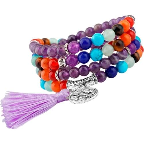TUMBEELLUWA 6mm 108 Tibetan Buddhist Mala Prayer Beads 7 Chakra Stone Bracelet Necklace Yoga Meditation