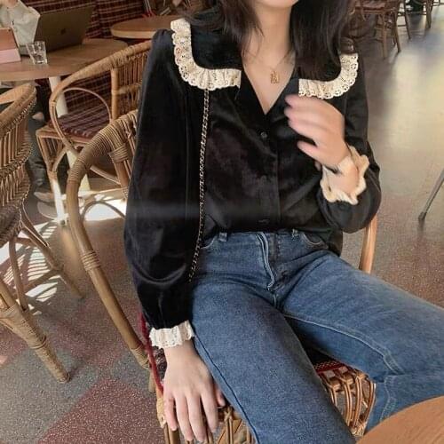 Heydress 2020 Spring Women Solid Long Sleeve Blouse Lady Turn Down Collar Elegant Lace Tops Female Vintage Velvet Shirts