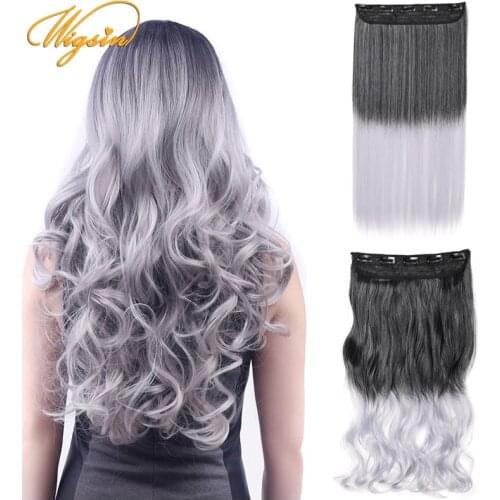 WIGSIN24Inch Long Straight Curly Synthetic Hair 5Clip in One Piece Hair Extension Natural Invisible Black to Gray Wigs for Women