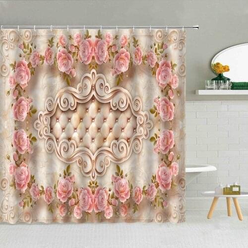 3D European Luxury Flower Decoration Shower Curtain Pink Rose Green Leaf Geometric Bath Decor Waterproof Fabric Hooks Curtains