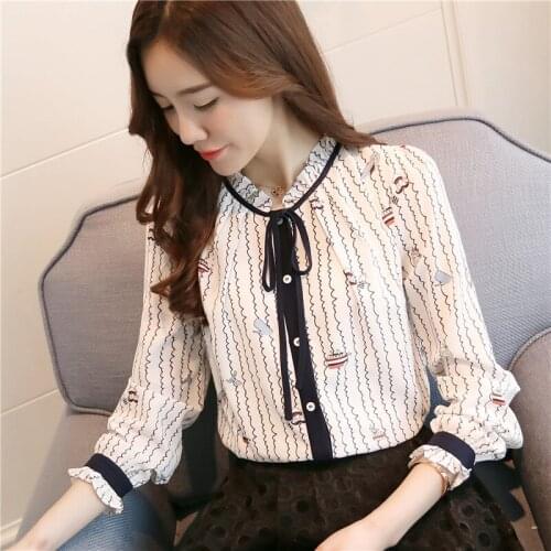 New Women Blouse Shirt Casual 2020 New White Striped Bow Flower Print Long Sleeve Shirts Tops Chiffon Ruffle Blusas 910H