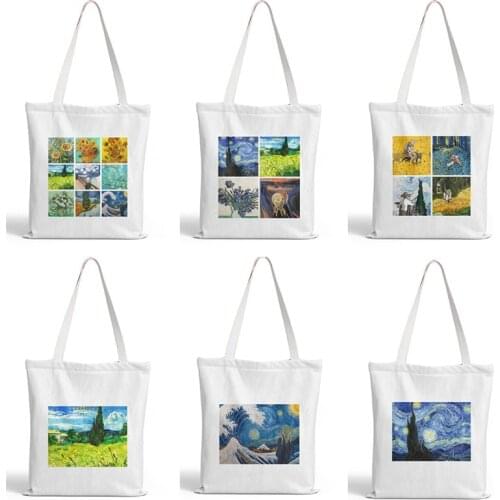 New Van Gogh Shopping Bag Splicing Graphic Tote Harajuku Shopper Bag Women Canvas Shoulder Bag Female Funny Large-Capacity Bag