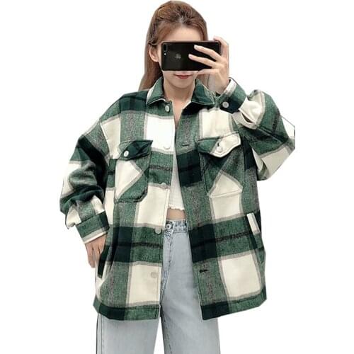 2021 Autumn Vintage Stylish Pockets Oversized Plaid Jacket Coat Women Fashion Lapel Collar Long Sleeve Loose Outerwear Chic Tops