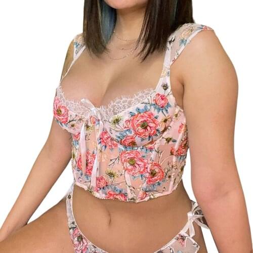 Ladies Summer Sexy Midriff-baring Camisole Girls Creative Floral Printing V-neck Lace Splicing Mesh Tops Slim Base Shirt