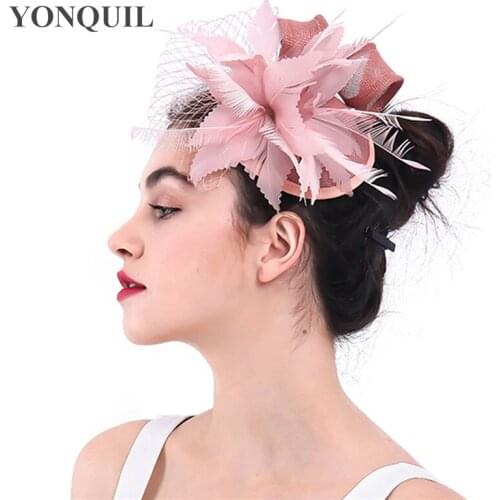 Vintage Women Dark Peach Fascinators Fancy Feather Fedora Veils Hats For Kentucky Derby Bridal Headdress Hair Accessories SYF313