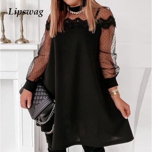 Women Lace See Through Mesh Mini Dress 2021 Spring Long Sleeve Elegant Party Dresses Female O-Neck Polka Dot Patchwork Vestidos
