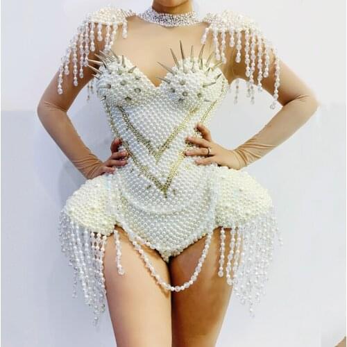 White Pearl Tassel Dress For Women Pearl Rivets Gold Rhinestones Jumpsuit Nightclub Gogo Dancer Performance Bodysuit DQL3550