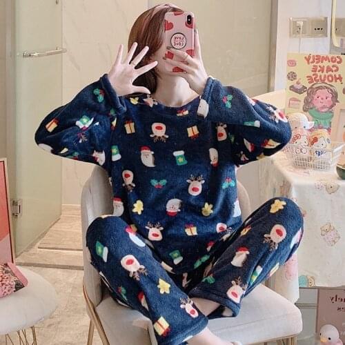 2021 Winter Pajama Women Korean Sleepwear Cute Cartoon Flannel Pajamas Set Velvet Warm Pijama Round Neck Pyjama Homewear WomenZA