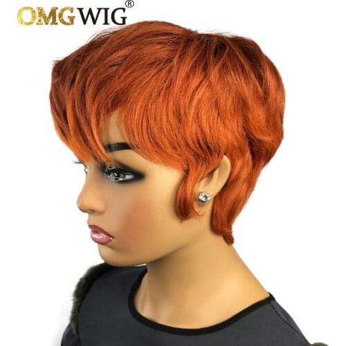 150% Density Wavy Short Pixie Cut Wigs For Women Brazilian Human Hair No Lace Wigs Orange Color Full Machine Made Glueless Wig