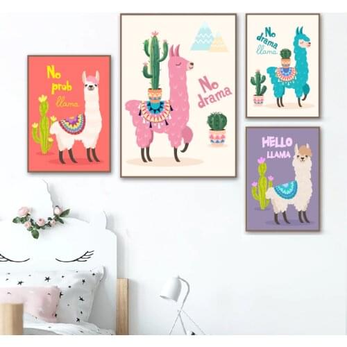 Nursery Decor Prints and Posters Cartoon Llama With Cactus Canvas Painting Cute Animal Alpaca Picture Baby Room Wall Decoration