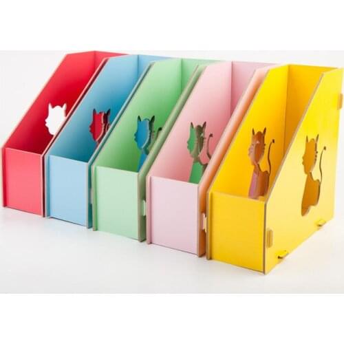 Multi Colors Cute Cat Hollow Out DIY Wooden Magazine Holder Desktop Books Organizer Office File Collector