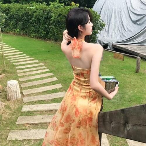 French Sweet Fairy Summer Court Painting Chiffon Lace Midi Dress Vintage Elegant Woman Bow Halter Backless Sexy Slim Mesh Dress