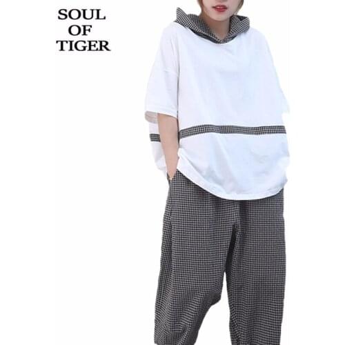 SOUL OF TIGER Korean Designer Tracksuits Women Vintage Two Piece Sets Ladies Vintage Hooded Tops And Plaid Harem Pants Plus Size
