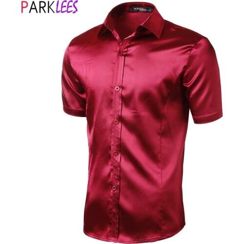 Red Slim Fit Silk Satin Dress Shirts Wedding Groom Stage Prom Shirt Men Short Sleeve Casual Button Down Shirt Male Chemise Homme