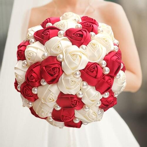 Red Silk Wedding Bouquet with Silver Gem,New Pure Color White Bridal Flower,Bowknot Holding Bouquet