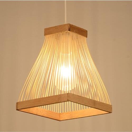 Square Horn Bamboo Pendant Lamp Hand Knitted Wood Pendant Lights E27 Antique Simple Parlor Dining Room Study Home Lighting G075