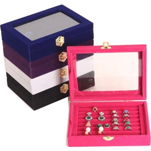 Multi Colors Choose 7 Slot Velvet Glass Ring Display Box Jewelry Holder Storage Organizer Case