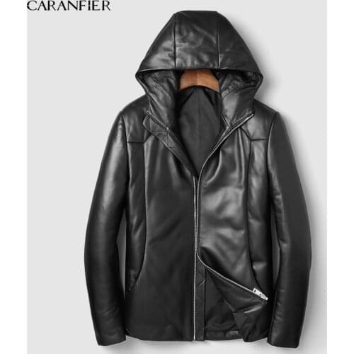 CARANFIER Fashion Hooded Mens Jackets Genuine Sheepskin Leather Casual Motorcycles Black Outerwear Overcoats DHL Free Shipping