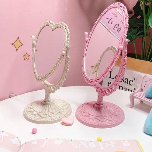 Vintage kawaii style table mirror love heart-shaped oval dream spinning mirror decoration girl gift hand held mirror home decor