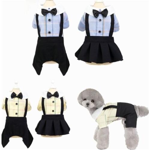 New Design Summer Plaid Pet Dog Dress Shirt Set Soft Dog Pants Butterfly-knot Button Decoration Chihuahua Puppy Dog Clothes