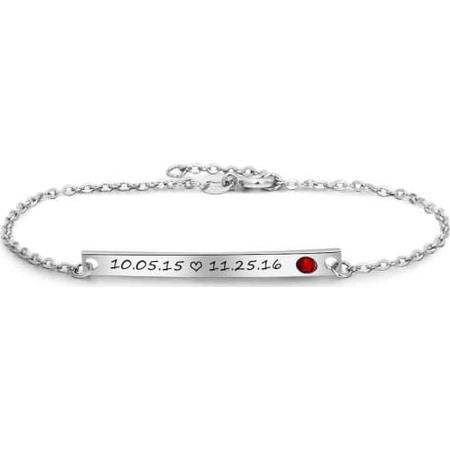 Personalized Engraved Bar Bracelet with Birthstone Customized Name Dated Adjustable ID Bracelets & Bangles Gift for Women