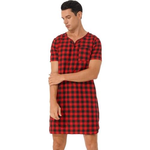 Pajama Men Plaid Nightshirt Sleepwear Casual Loose Lounge Clothing Short Sleeve Sleep Robe Night Dress Nightwear Plus Size M 3XL