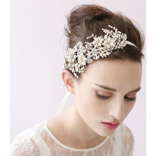 Dower me Gold Flower Crystal Pearl Bridal Headband Wedding Hair Accessories Handmade Headpiece