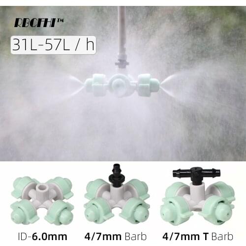 RBCFHI 5PCS 31-57L /h Misting Cross Nozzles Greenhouse Humidifier Four Outlet Mist Fogger Sprinkler Irrigation Watering Cooling