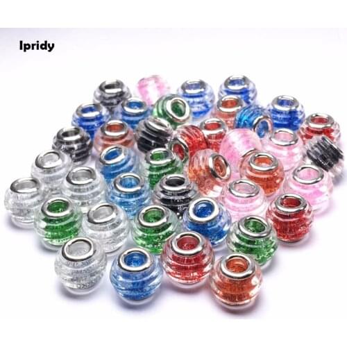11* 15mm European Murano Glass Beads Large Hole Thread Shape Spacer Beads Glitter Powder inside Fit For Charm Bracelet 10pcs/lot