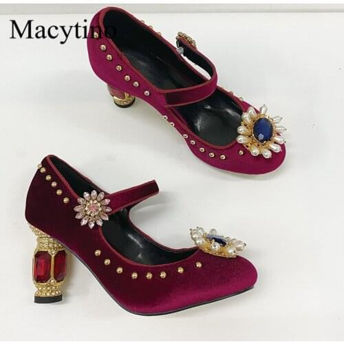 Jewelry decoration ladies high heels round toe with flowers thick heel high heels fashion party high heels