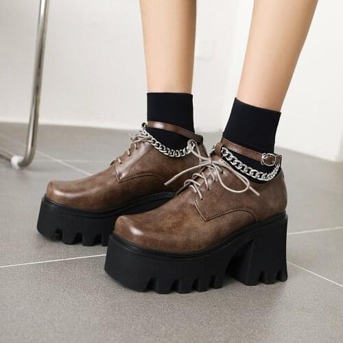 Super High Heel Platform Ankle Buckle Womens Boots With Metal Chain High Platform Ankle Boots Vintage Big Toe Shoes