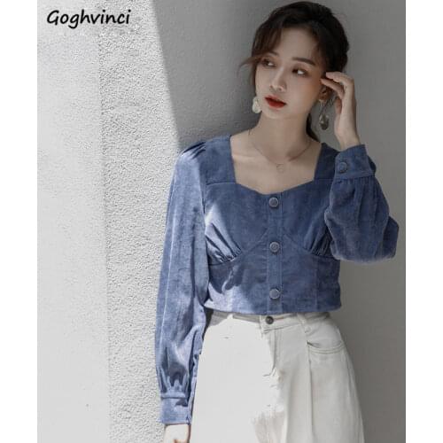 Women Shirts Short Vintage Retro Square Collar Corduroy Solid Simple Long Sleeve Elegant Lady Casual All-match Chic Autumn New
