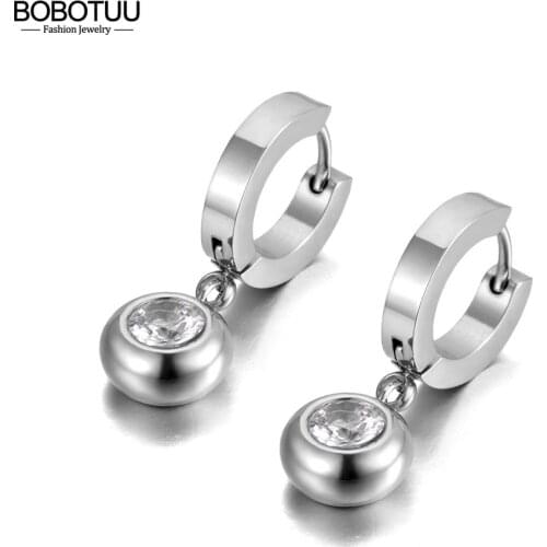 BOBOTUU Office/Career Style Titanium Steel Round CZ Crystal Hoop Earrings Trendy Rhinestone Earrings Jewelry For Women BE20155