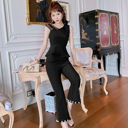 Fashion Summer Vintage V-Neck Sleeveless Top Shirt Blouse Casual Women OL Black High Waist Long Pearl Flare Pants 2 Pieces Set