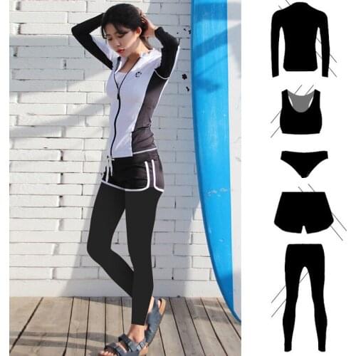 Womens 5pcs Rash Guard Long Sleeve Zipper Bathing Suit Swimsuit Surf Sport Suits Yoga Athletic Clothing Set Jogging Tracksuits