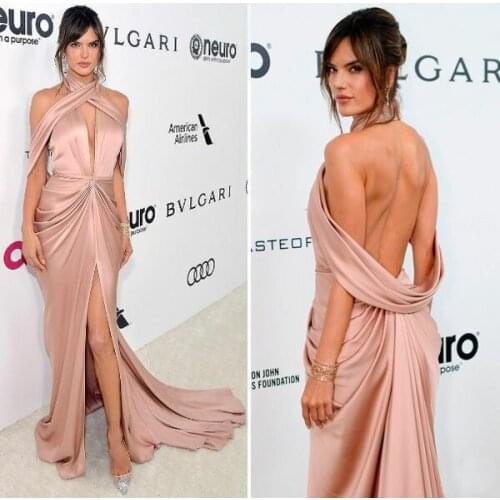 Long Halter Pink Satin Celebrity Dresses with Pockets Mermaid Robe De Soiree Floor Length Pleated Formal Dresses for Women