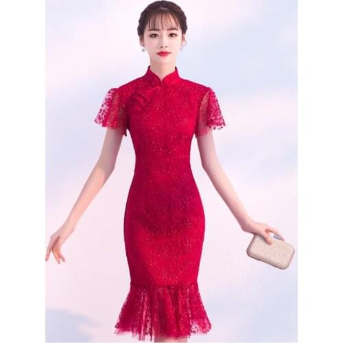2020 Fashion Black Mermaid Cheongsam Modern Summer Dress Women Qipao Party Dresses China Oriental Wedding Gowns Chinese Bride