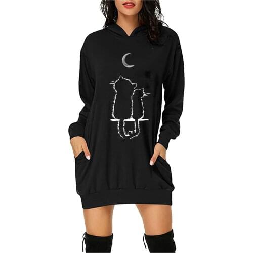 Fashion Pullover Hoodie Dress Women Valentines Day Cat Print Long Sleeve Hooded Pockets Long Sweatshirt Dress Tunic Sweatshirts