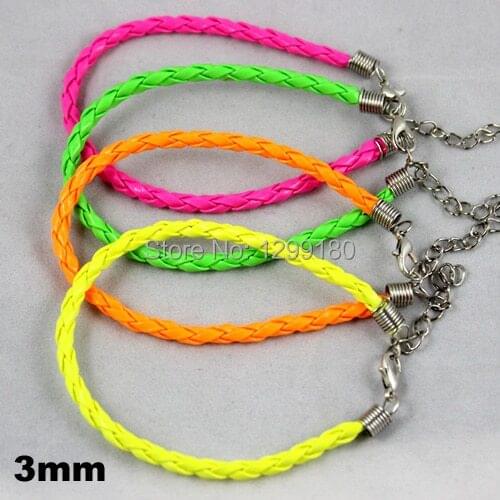 100pcs/lot 3mm/4mm/5mm Mixed Color Adjustable Bright Braided PU Leather Rope Bracelet Cord DIY Jewelry Making 18cm (K00606)