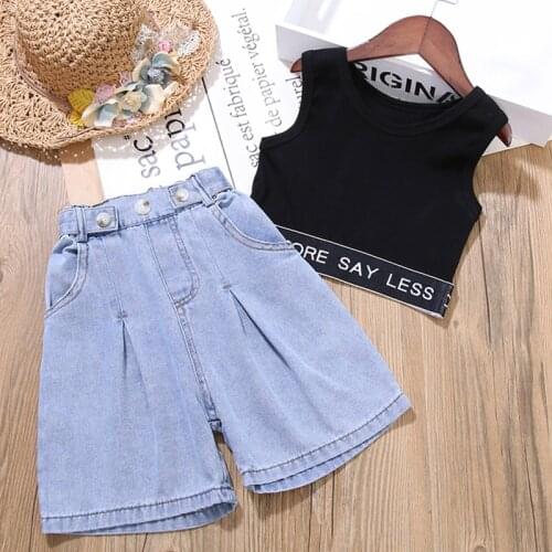 NEW Cool Toddler Kid Baby Girl Clothes Sets Letter Sleeveless Black Tops+Denim Pants Outfits 2pcs Set