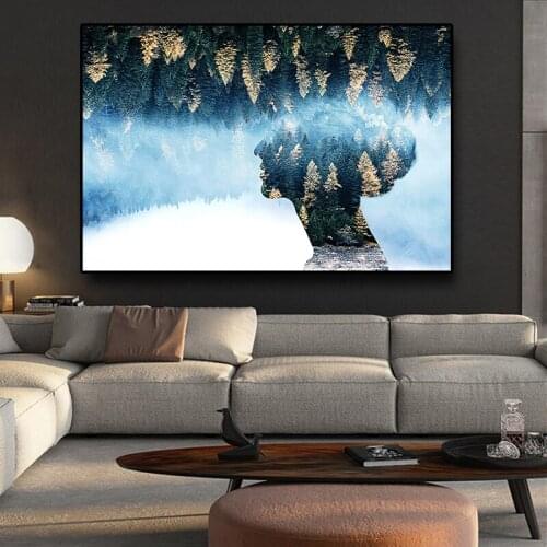 Abstract Green Forest Gold Tree Posters And Prints Figure Oil Painting on Canvas Scandinavian Wall Art Pictures For Living Room