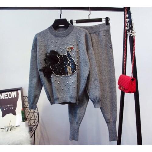 Amolapha Women Winter Thicken Handmade Beading Real Fur Knitted Sweaters +Trousers 2 Pieces Clothing Sets Suits