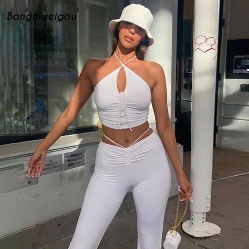 Bangniweigou Lace-up White Cami Tops+ Pants Two Piece Set Women Casual Tracksuit Bandage Halter Top and Long Trousers
