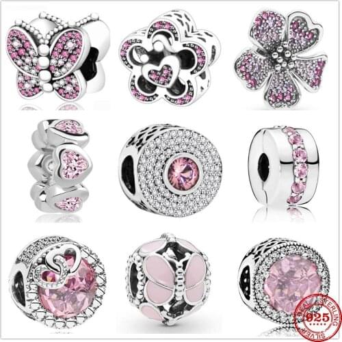 New 925 Sterling Silver Dazzling Pink Butterfly Heart Zirconia Beads Fit Original Charms Pandora Bracelet Bead Jewelry making