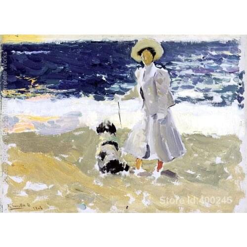 Spanish art Lady and Dog on the Beach by Joaquin Sorolla y Bastida paintings home decor Hand painted High quality