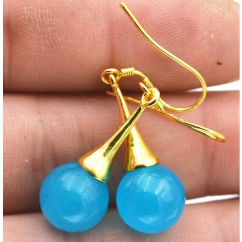 Beautiful Natural Sea blue Jade Gemstone Gold-plated/Dangle Earrings